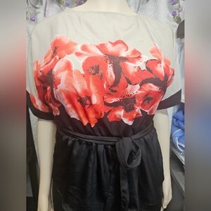 Floral Red and Black Dress with Belt